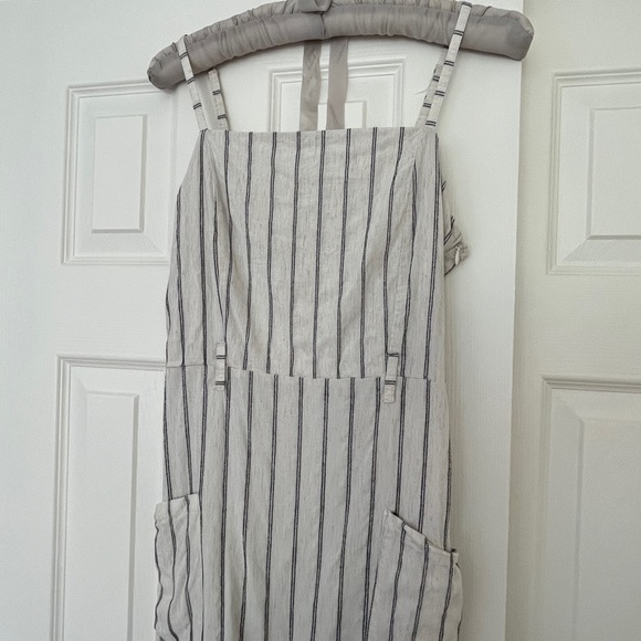 Linen Mini dress off-white w/ navy blue stripes and fabric belt - Primark Size 8 - Picture 5 of 7